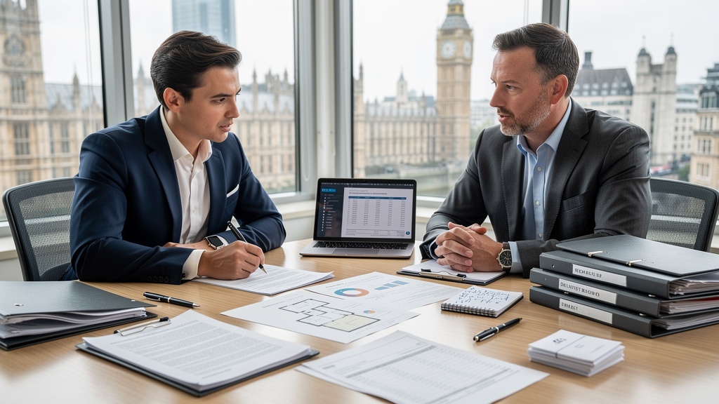 Surveyor and solicitor reviewing property valuation and conveyancing documents in London office