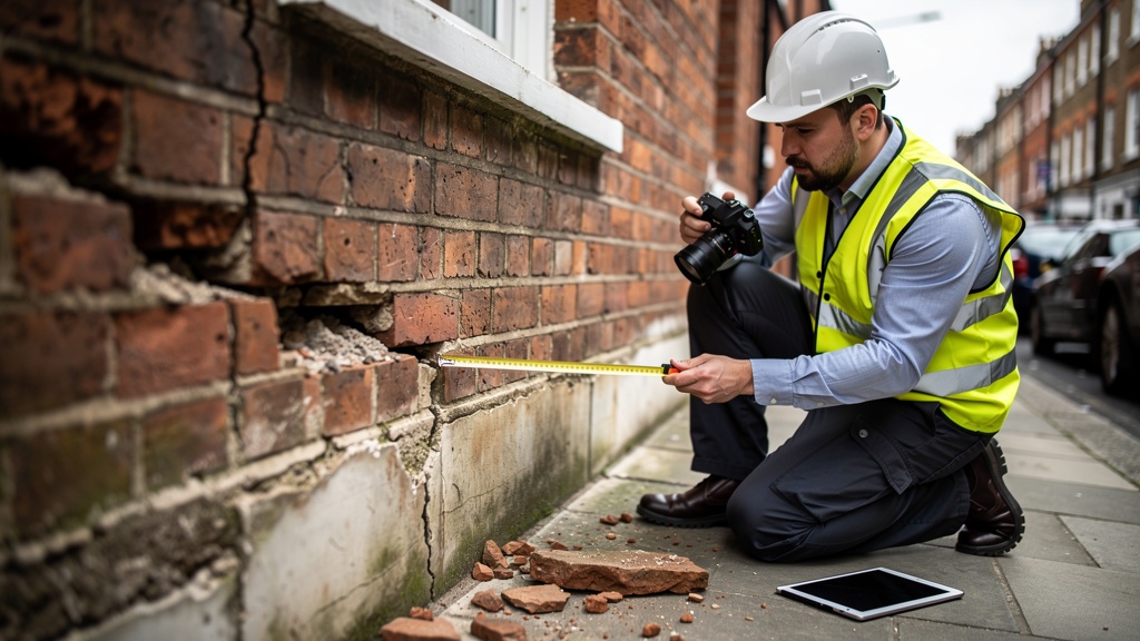 Surveyor inspecting subsidence cracking in a Victorian terraced house in London
